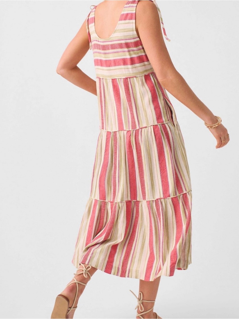 Faherty Pink, Cream & Olive Striped Tie-Shoulder Maxi Dress - Picture 7 of 7